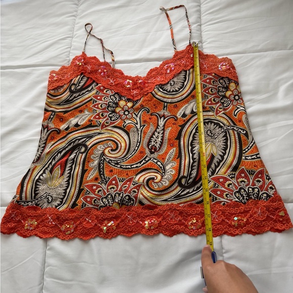 Y2K New York & Co Silk Paisley Cami Top Size XL Orange Beaded Lace Sequins Fairy - Picture 6 of 10